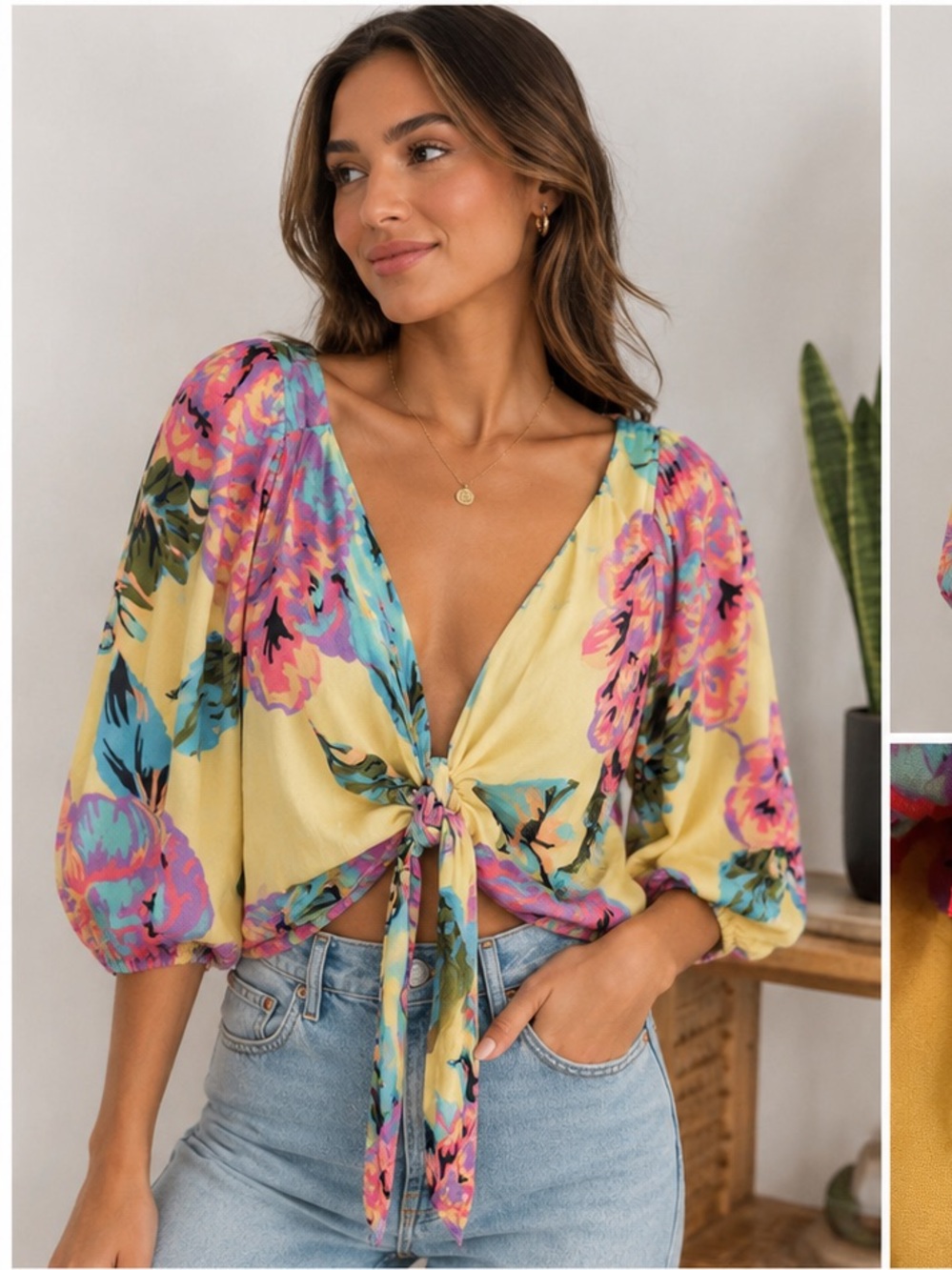 Maeve Anthropologie Floral Tie Front Blouse Size Medium Puff Sleeve